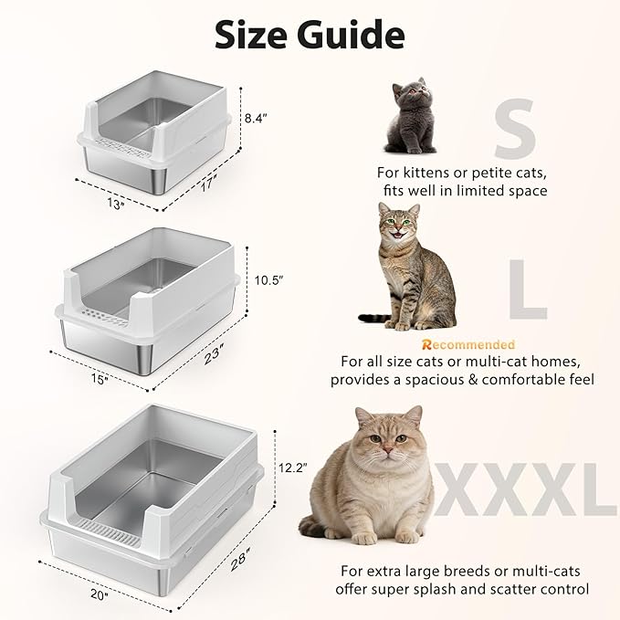 FURTIME Stainless Steel Cat Litter Box, Easy-Clean High-Sided Metal Litter Box, Open-Top Litter Pan for Large Cats, Great for Multi-Cat Homes,Includes Scoop&Mat, Non-Stick, Anti-Leakage, 28"×20"×12.2"