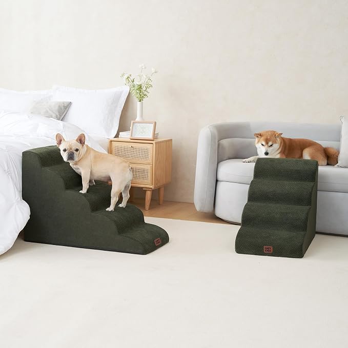 EHEYCIGA Curved Dog Stairs Ramp for High Beds 19.7" H, 4-Step Dog Steps for Small Dogs and Cats, Pet Stairs for High Bed Climbing, Non-Slip Balanced Pet Step Indoor, Military Green