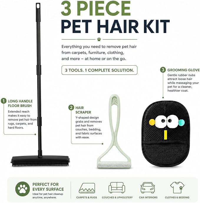 GOOGO Pet Hair Removal Tool Kit, 3 in 1 Carpet Rake Set with Black Long Handle Brush, Mint Green Scraper and Scalable Pet Broom Glove for Carpets, Couches and Cars