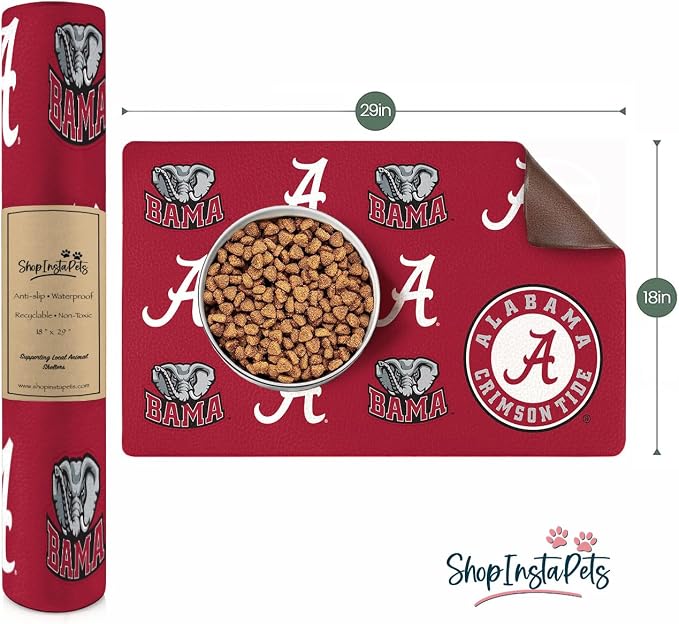 Alabama Crimson Tide Officially Licensed Food and Water Mat for Dogs and Cats | 18" x 29" | Non-Slip | Water-Proof