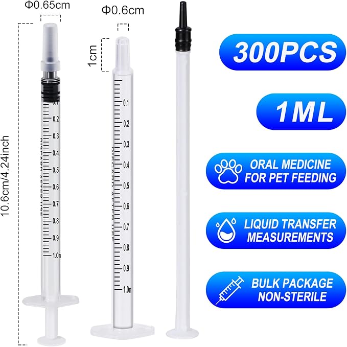 300 PCS 1ml Syringe Bulk with Cap,1cc Plastic Small Syringes with Cover, Liquid Measuring Syringe, Syringes Tools for Scientific Labs, Feeding Small Pets, Oil or Glue Applicator-Individually Sealed