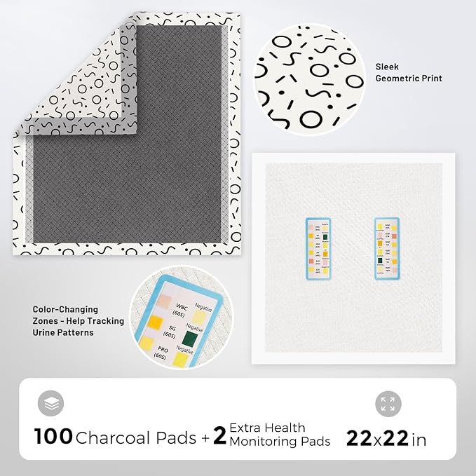 ZOMISIA Charcoal Puppy Pee Pads for Dogs, 22"x22" 100 Counts + 2 Extra Health Monitoring Pads - Disposable Dog Potty Training Pads, Odor-Control, Super Absorbent & Leak-Proof