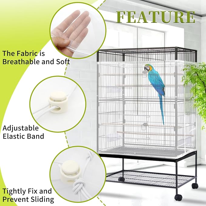 Daoeny 2PCS Bird Cage Seed Catcher, Large Bird Cage Cover, Adjustable Soft Airy Nylon Mesh, Birdcage Cover Skirt Seed Guard for Parrot Parakeet Macaw Round Square Cages (White & White)