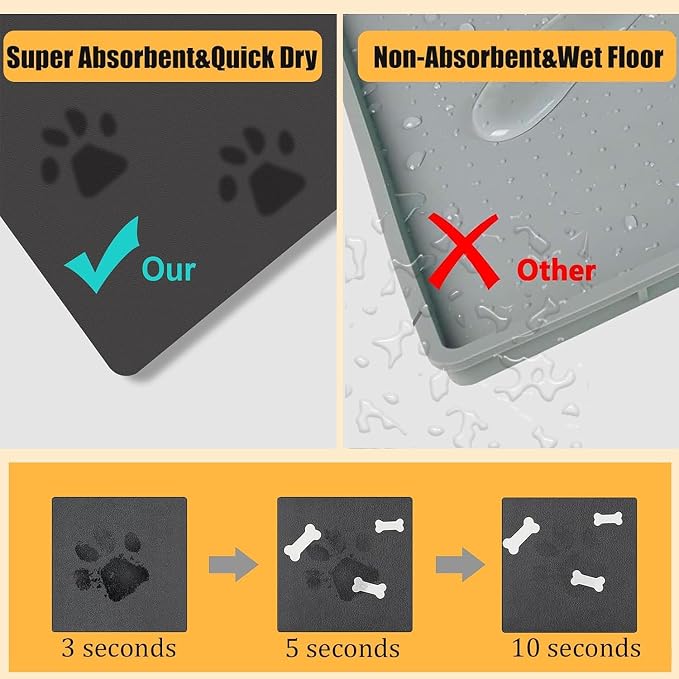 18"×30" Dog Food Mat-Absorbent Dog Mat for Food and Water, No Stains Quick Dry Cat Food Bowl Mat with Footprints for Messy Drinkers,Light Gray