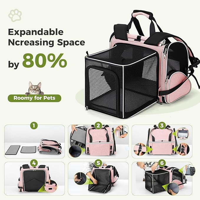 Lekereise Widened Pet Backpack Travel, Wide Pet Carrier Backpack for Cats and Small Dogs up to 18 lbs, Breathable Mesh Backpack Carrier with Sun Shade, Leash, Hand Carry for Travel Vet Car, Pink