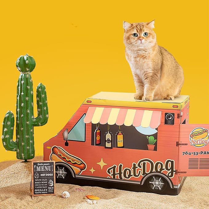 SMILE PAWS Cat Beds for Indoor Cats, Cardboard Cat House with Scratchers, Hot Dog Truck, Large Sturdy Cat Furniture Condo Cave Tent, Easy to Assemble Pet Toys Accessories Stuffs, Bunny Small Animals