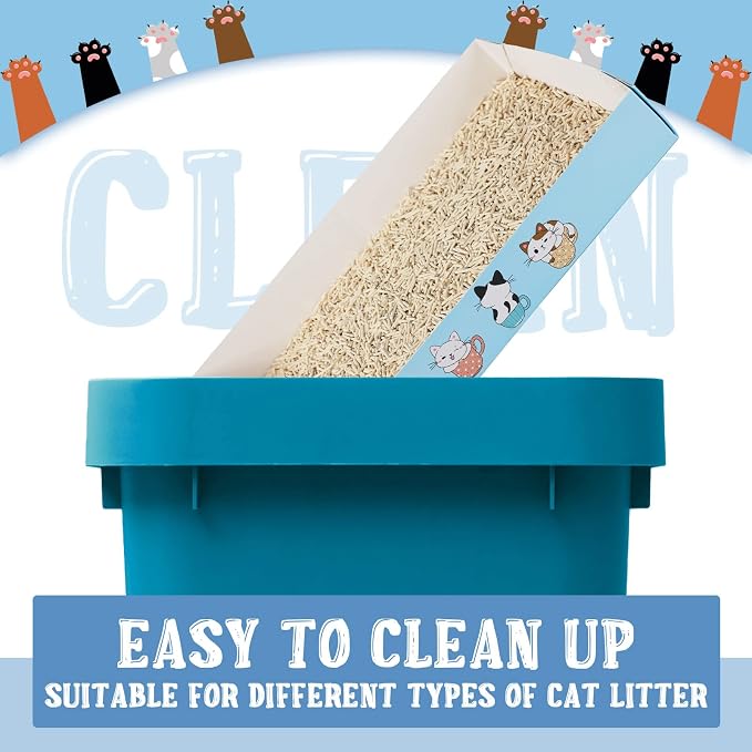Roshtia 30 Pcs Disposable Cat Litter Box Foldable Paper Kitty Tray 13.8 x 10 x 2 Inch Portable Kitten Pan Low Entry Lightweight Cardboard(Meow,Blue)
