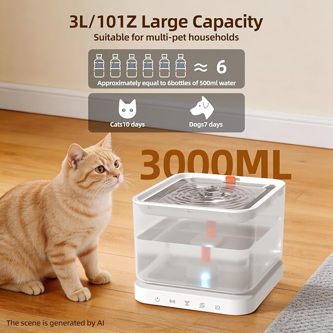 Wireless Cat Water Fountain,3L/101oz Cat Water Fountain for Cats Indoor,4000mAh Battery Operated Pet Water Fountain,Cat Fountain with Stainless Steel Tray,BPA-Free(P08F)