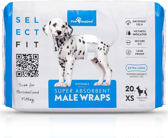 Paw Inspired Select Fit Male Dog Diapers, Disposable Male Wraps with Wetness Indicator| Belly Bands for Small, Medium, Large Dogs (X-Small, 20 Count)