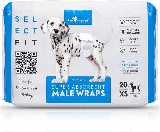 Paw Inspired Select Fit Male Dog Diapers, Disposable Male Wraps with Wetness Indicator| Belly Bands for Small, Medium, Large Dogs (X-Small, 20 Count)