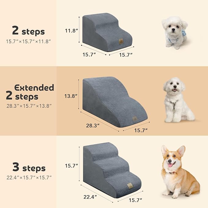 Mestuel Extended Dog Stairs Steps for Couch Sofa Bed, 2 Steps Dog Stairs Ramp for Small Old Joint Injury Dogs Cats Easy Access, Pet Stairs with High Density Foam& Nonslip Bottom, Gray