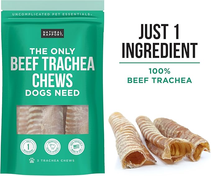 Natural Rapport Beef Trachea Dog Chews - Single Ingredient, High Protein, Natural Glucosamine for Joint Health (3 Count)