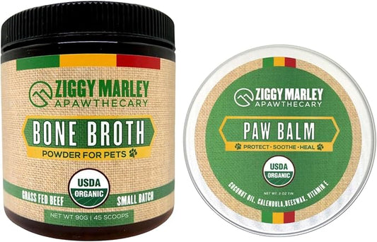 Organic Dog Wellness Bundle: USDA Grass-Fed Beef Bone Broth Powder for Joint & Gut Health (8oz) + Organic Soothing Paw Balm for Dry, Cracked Pads – All-Natural, Sustainably Sourced Pet Care K