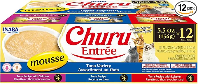 INABA Churu Entrée Mousse for Cats, High Protein & Moisture, Prebiotic Wet Cat Food, 5.5oz. Can, 12 Cans Total, Tuna Variety