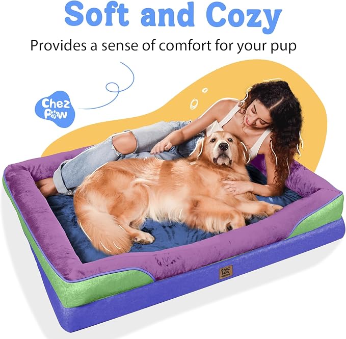 Chez Paw Large Orthopedic Dog Bed for Extra Large Dogs, Waterproof XL Egg-Crate Foam Dog Bed with Removable Washable Cover & Non-Slip Bottom, 4-Sided Bolster Support, Lavender Blue 42"x30"x7.5"