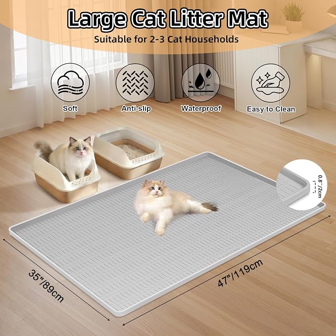 Silicone Cat Litter Mat, 47" x 35" Extra Large Litter Trapping Mat for Litter Box, Leak-Proof, Non-Slip, Kitty Litter Mats with Soft Texture for Floor, Keeping The Floor Clean (Light Grey)
