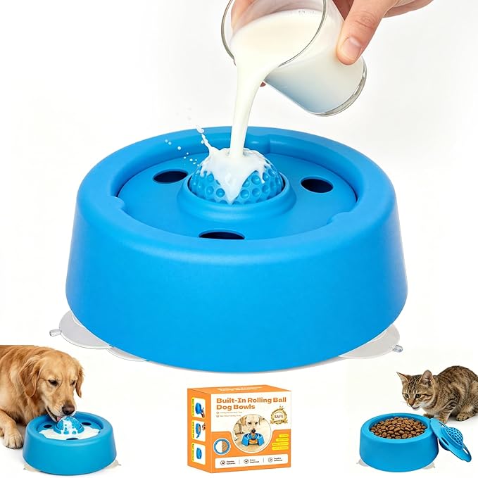 Slow Feeder Dog Bowls for Liquid Treats,Dog Licking Bowl with Rolling Ball Slow Feeder Bowl,Anti-Slip Spill-Proof Pet Dogs Lick Bowl Anxiety Relief Lickable Toys for Small and Medium Sized Dogs Cats