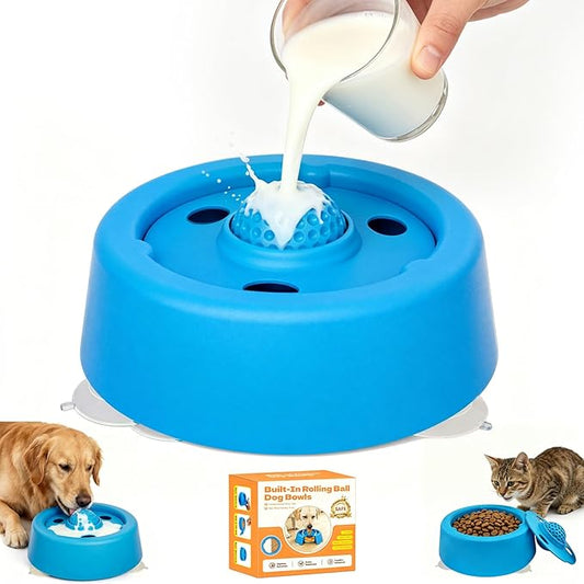 Slow Feeder Dog Bowls for Liquid Treats,Dog Licking Bowl with Rolling Ball Slow Feeder Bowl,Anti-Slip Spill-Proof Pet Dogs Lick Bowl Anxiety Relief Lickable Toys for Small and Medium Sized Dogs Cats
