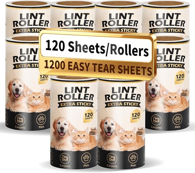 Extra Sticky Lint Roller Refills Only (No Handle Included), 10 Pack – 1200 Sheets Total, Pet Hair Remover Refills for Clothes, Furniture & Couch, Dog & Cat Hair, Animal Fur & Lint, Easy-Tear Sheets