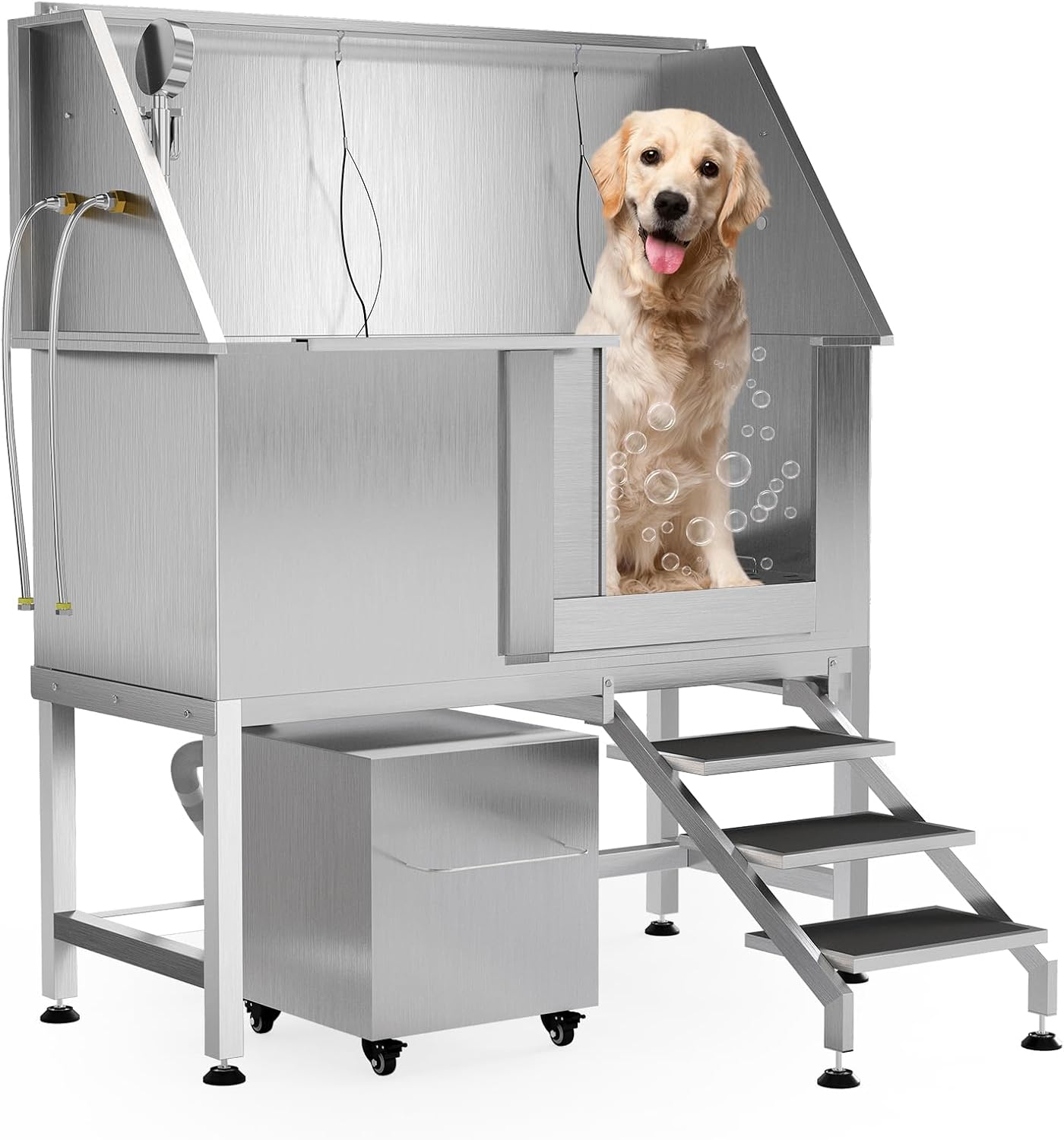 50" Stainless Steel Professional Dog Washing Station - Pet Bathing Tub w/Non-Slip Stairs & Storage Shelf | Slip-Resistant Floor Grate | for Large/Medium/Small Dogs