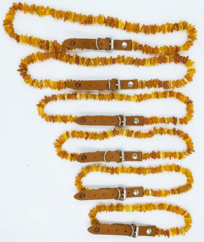 Baltic Amber Dog & Cat Collar - Adjustable Leather Strap with Raw Knotted Amber Beads (45-50cm)