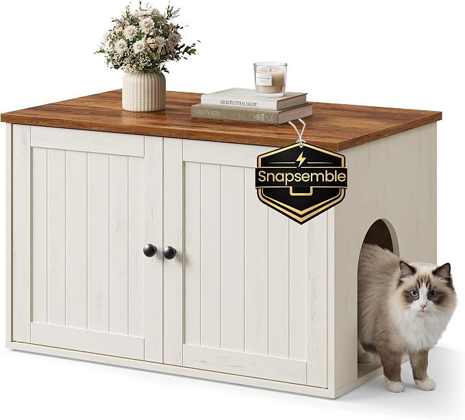 SONGMICS HOME Litter Box Enclosure, Snapsemble Superfast Assembly, Cat Litter Box Furniture, Push-to-Open Doors, Indoor Cat House, Rustic White and Honey Brown UPCL233WJ04S