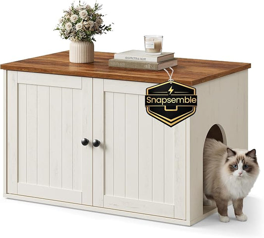 SONGMICS HOME Litter Box Enclosure, Snapsemble Superfast Assembly, Cat Litter Box Furniture, Push-to-Open Doors, Indoor Cat House, Rustic White and Honey Brown UPCL233WJ04S