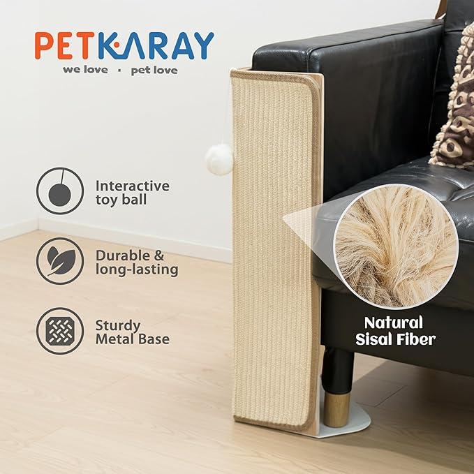 PETKARAY Under-Furniture Cat Scratcher, 23.6'' Sisal Scratching Post for Couch Corner, Furniture Protector Scratch Pad for Sofa with Toy Ball