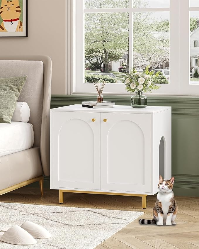 Hzuaneri Cat Litter Box Enclosure, Hidden Litter Box Furniture Cabinet, Wooden Indoor Cat House, Side End Table, Living Room, Bedroom, White and Gold CB85003G