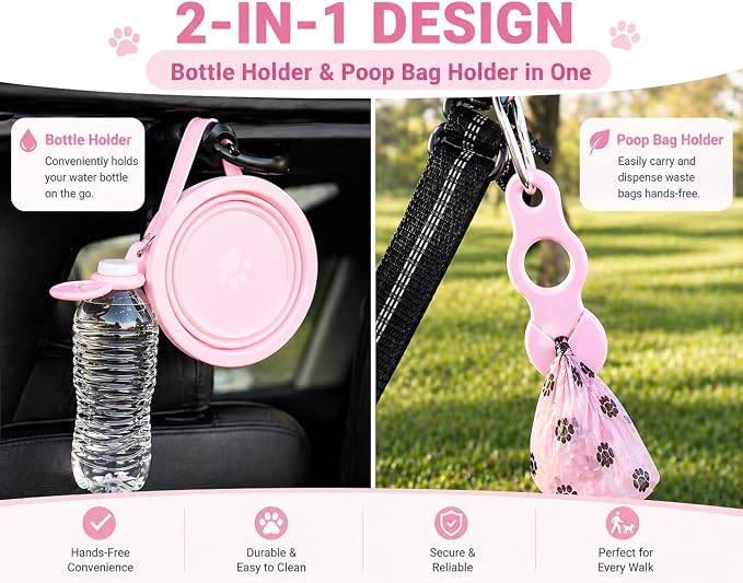 Pink Slow Feeder Travel Dog Bowl Set – 30oz Stainless Steel + 20oz Collapsible Silicone Dish + Silicone Slow Feeder Insert | Water Bottle Holder | Non-Slip, Anti-Choking, BPA-Free – Claim