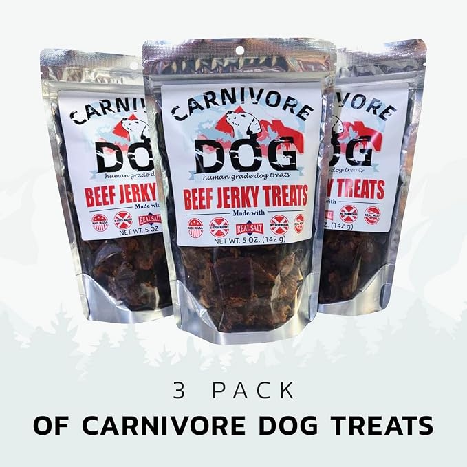 Carnivore Dog Treats, Human Grade, Grass-fed and Finished Beef Made with Redmond Real Salt, No Additives - Healthy, Chewy, Training Snacks for All Breeds, Grass-fed Beef Jerky, Pack of 3