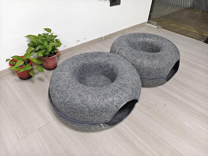 Extra Large 8-Shaped Cat Tunnel Bed 38 x 24 x 11 Inch for Indoor Cats – 2 in 1 Plush Cat Cave & Play Tunnel with Hanging Toy Balls & Bonus Bird Toy, Cozy Hideout for Multiple Cats (Dark Grey)