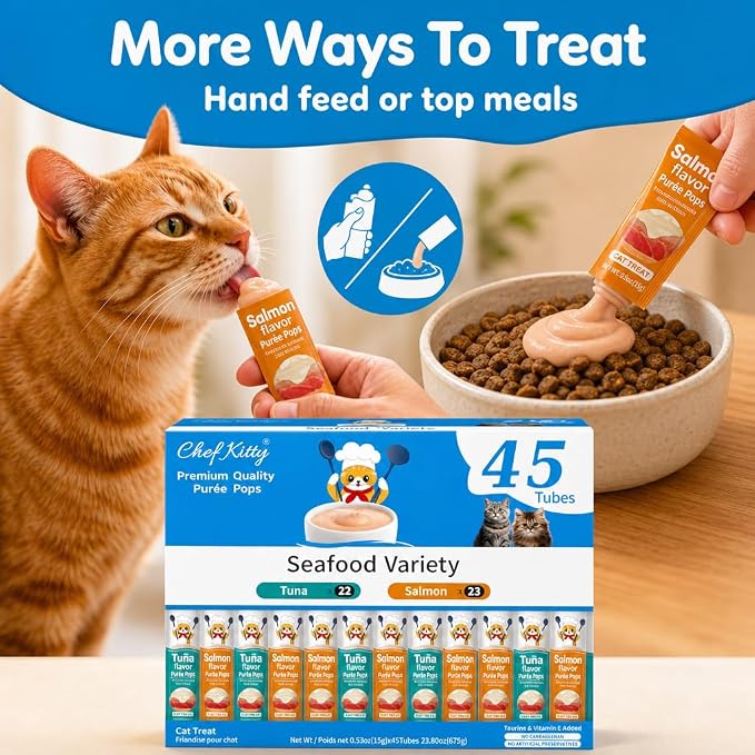 Cat Treats Lickable | Grain-Free Tuna & Salmon Cat Treats | Creamy Puree Squeeze Ups with Vitamin E & Taurine, Digestible Formula | 0.5 oz. Each Tube, Seafood Mix Variety | 45 Tubes