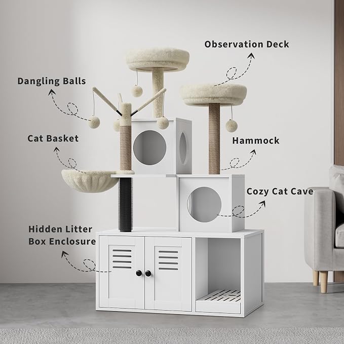 GAOMON Litter Box Enclosure with Cat Tree Tower 2-in-1 Modern Hidden Pet Washroom Furniture with Condo Hammock Scratching Posts and Multiple Soft Perches