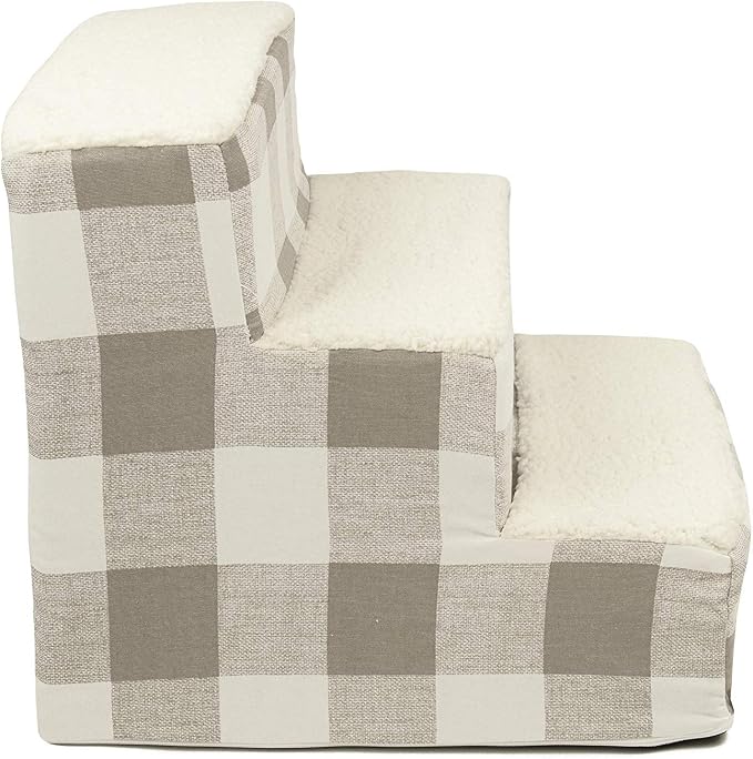 Majestic Pet 3 Step Portable Dog Stairs for Small Dogs to get on Bed Supports 250 lbs or Less – Dog Steps for High Bed with Machine Washable Cover –Pet Stairs for Cats Anderson Check Neutral Tan