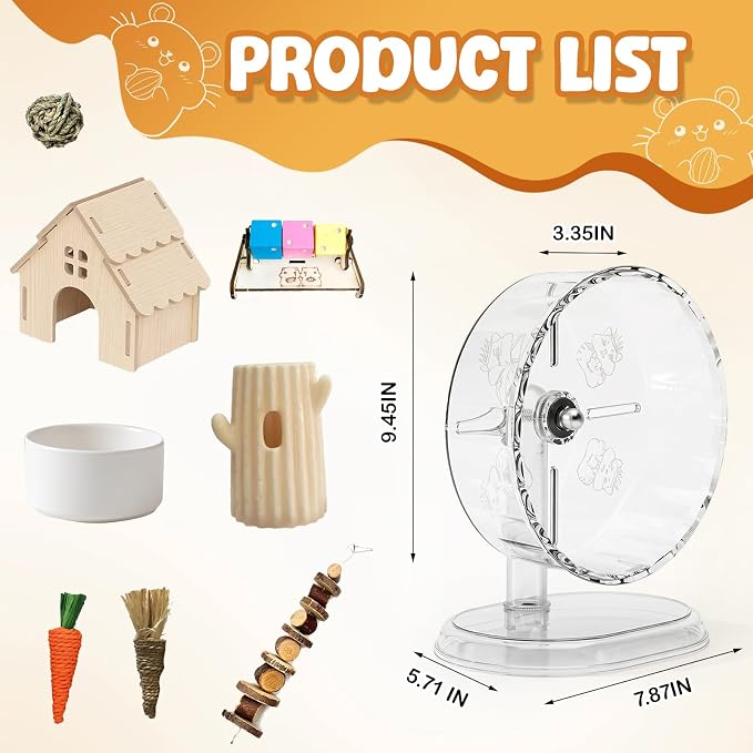 12-in-1 Hamster Cage Accessories Kit for Dwarf & Syrian Hamsters, Silent Exercise Wheel 9.5", Wooden Hideout, Water Bottle, Ceramic Food Bowl, Chew Toys & Small Animal Habitat Starter Set