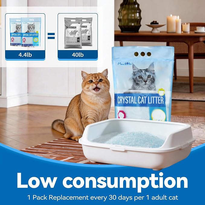 Made4Pets Cat Litter Crystals, Non Clumping Cat Litter Odor Control Kitty Litter Non Clumping No scooping Low Dust, Low Tracking, Lightweight, Dehydrates Waste– 8.6 lbs (2 x 4.3 lb Packs)