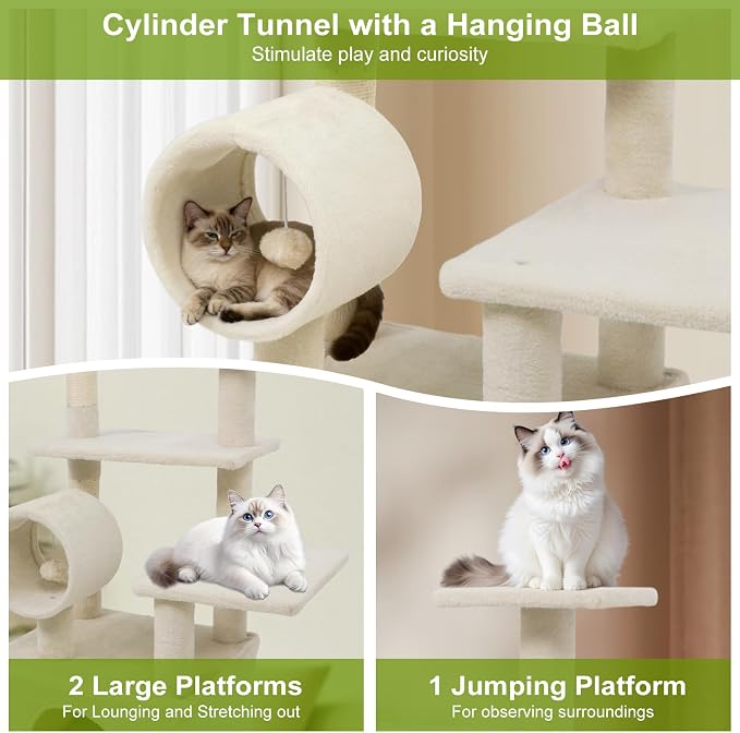Tangkula Cat Tree Tower, 48 Inch Multi-Level Cat Tower with Large Condo, Sisal Scratching Post, Padded Top Perch, Tunnel, Hanging Ball, 3 Jumping Platforms for Indoor Cats (Beige)