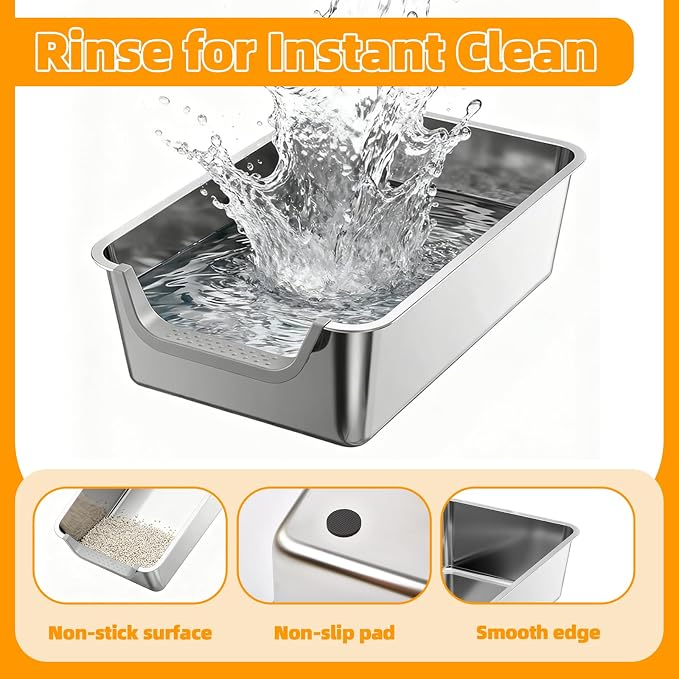 Stainless Steel Litter Box,Extra Large Metal Cat Litter Box with High Sides for Indoor Big Cats,Jumbo XL Washable Kitty Litter Boxes with Low Entry for Kittens&Senior Cats,Non Stick (Short-Side Entry)