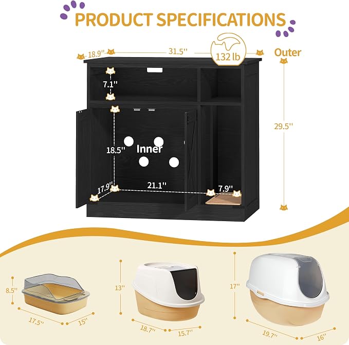 Hzuaneri Cat Litter Box Enclosure, Hidden Litter Box Furniture with Storage, Wooden Cat Cabinet with Scratch Pad, Farmhouse Cat Washroom, TV Stand End Table, Black CB87504X
