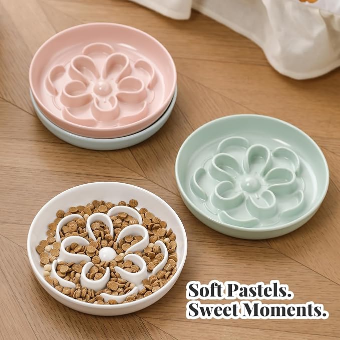 Slow Feeder Cat Bowl Set - Ceramic Raised Bowl with Bamboo Stand and Melamine Food Dish - Elevated, Anti-Vomiting, Interactive Maze