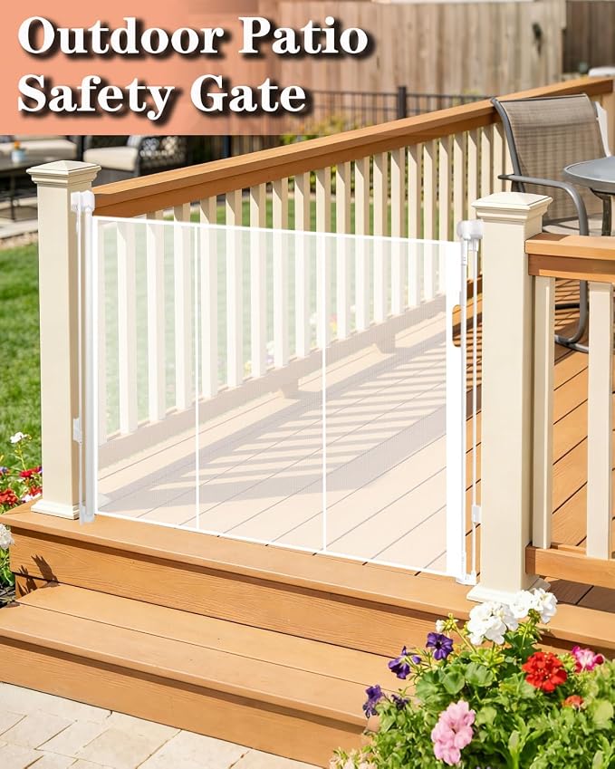 80" Wide Retractable Baby Gate for Stairs, 42" Extra Tall Retractable Dog Pet Gate with Support Rods, Mesh Screen Child Safety Gate for Doorways Hallways Deck Porch, Outdoor Indoor Use