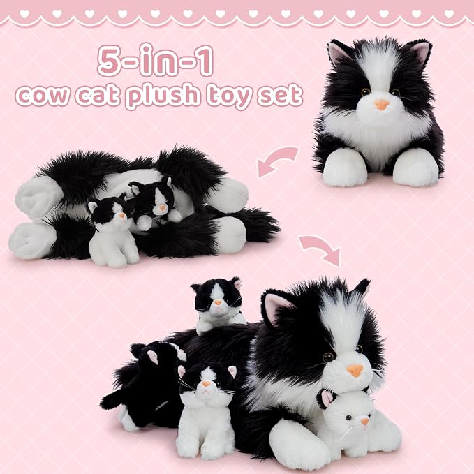 Tezituor 5Pcs Cat Stuffed Animals Set, 20 inch Large Realistic Stuffed Cat with 4 Cute Kittens Baby, Soft Black and White Ragdoll Plush Body Pillow for Boys Girls