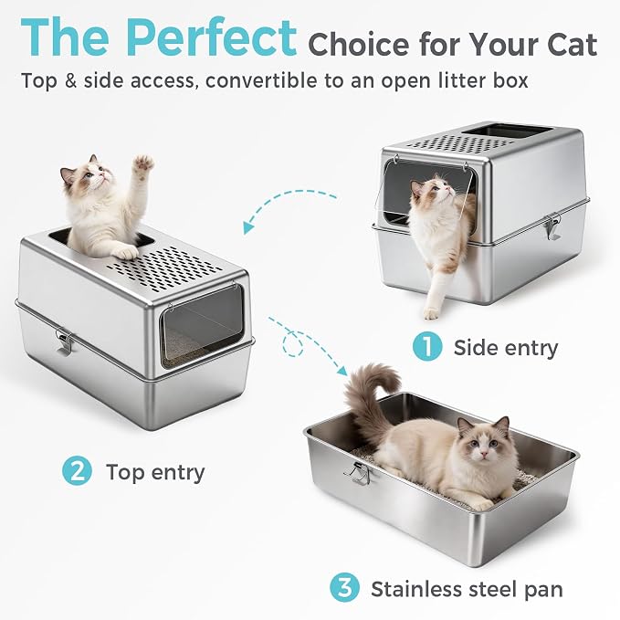 Large Enclosed Stainless Steel Litter Box with Lid, 19.7"x13.8"x13.8" High Sided Metal Cat Litter Box for Indoor Cats, Covered Dog Proof Kitty Litter Pan, Odor Free Tray, Non Sticky, L