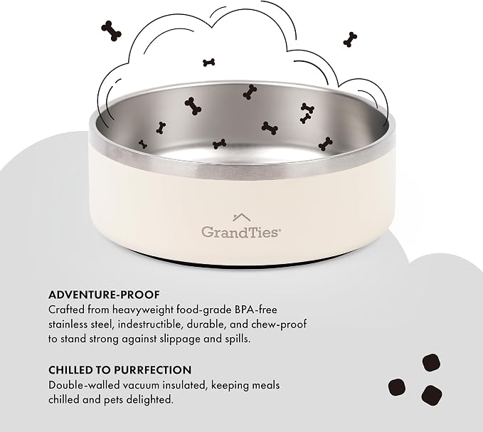 GrandTies Stainless Steel Engraved Pet Bowl | Reusable BPA-Free Insulated Pet Bowls | Large Heavy Duty Non Skid Spill Proof Dog Bowl | Outdoor Dog Water Bowl (24oz, Ivory White)