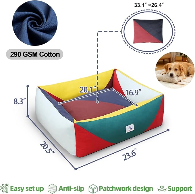 Cotton Canvas Dog Bed, Cute Dog Beds for Small Dogs, Puppy Bed with Washable Removable Cover, Durable 290 GSM Cotton Anti-Chewing Pet Bed with Anti-Slip Bottom (24"x20"x8", Red&Yellow&Green)
