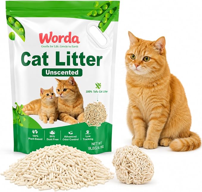 Worda Tofu 100% Natural Plant-Based Cat Litter Unscented Dust-Free and Respiratory Friendly Low Tracking Fast Clumping for Multi-Cat Homes 9LB