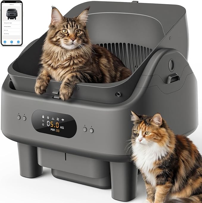 Automatic Litter Box, Cypcat Smart Self Cleaning Cat Litter Box Anti-Pinch, 10 Safety Sensors, Large Cat Litter Boxs for Multiple Cats, Dual 5G & 2.4G WiFi, 6" LED Display, Odor Control Robot, Grey