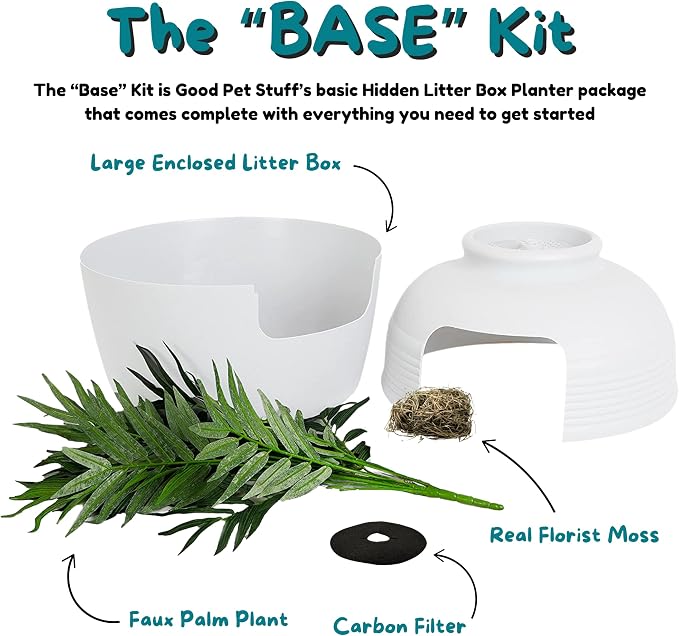 Good Pet Stuff Original Hidden Litter Box Planter, Decorative Cat Litter Enclosure, Carbon Filter, Faux Plant, Round Design, Easy to Clean, Base Kit, Palm Plant, Soft White
