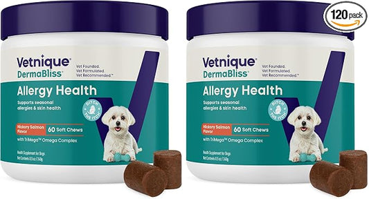 Vetnique Dermabliss Seasonal Dog Allergy Relief & Immune Support Supplement Allergy Chews for Dogs Itching and Licking with Omega 3 Fish Oil & Probiotics for Itch Relief (60 Count Chews) (Pack of 2)